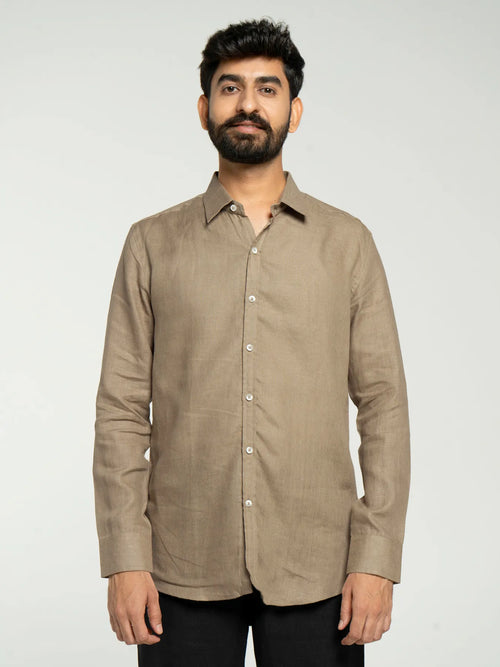 Men Khakhi Pure Linen Full Sleeve Shirt