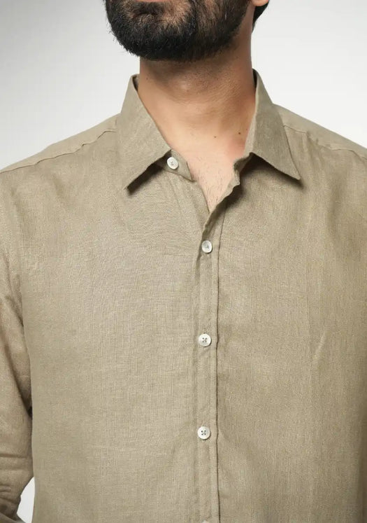 Men Khakhi Pure Linen Full Sleeve Shirt