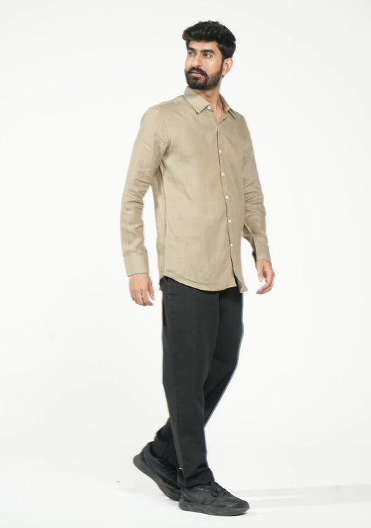 Men Khakhi Pure Linen Full Sleeve Shirt