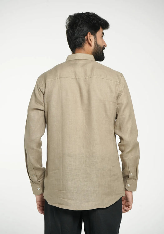 Men Khakhi Pure Linen Full Sleeve Shirt