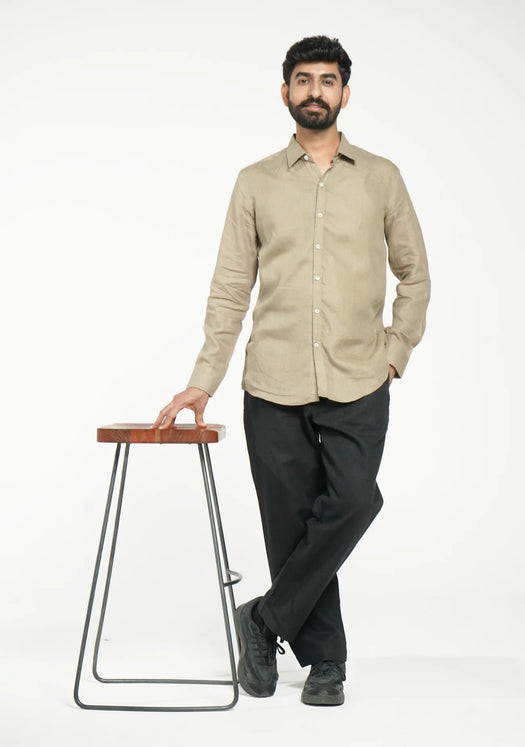 Men Khakhi Pure Linen Full Sleeve Shirt