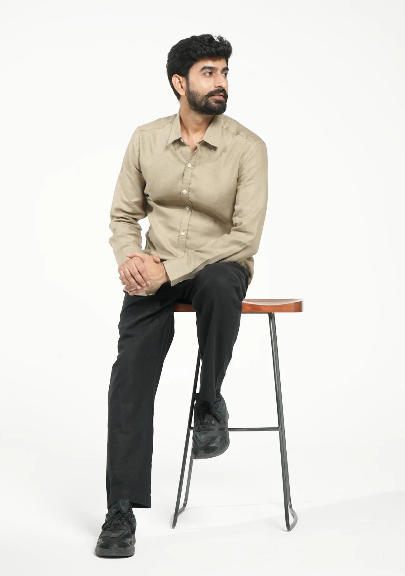 Men Khakhi Pure Linen Full Sleeve Shirt