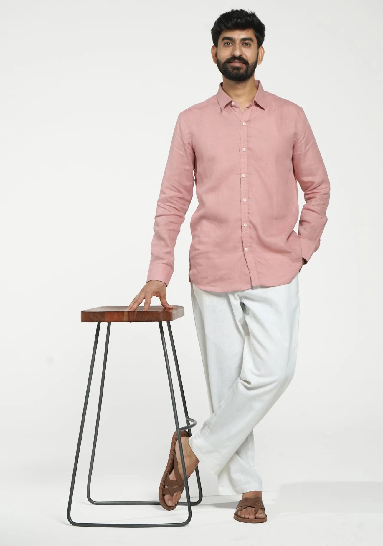Men Rose Taupe Pure Linen Full Sleeve Shirt