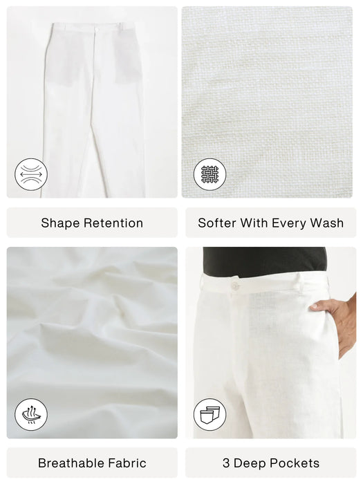 Men White Linen Blend Straight Pant