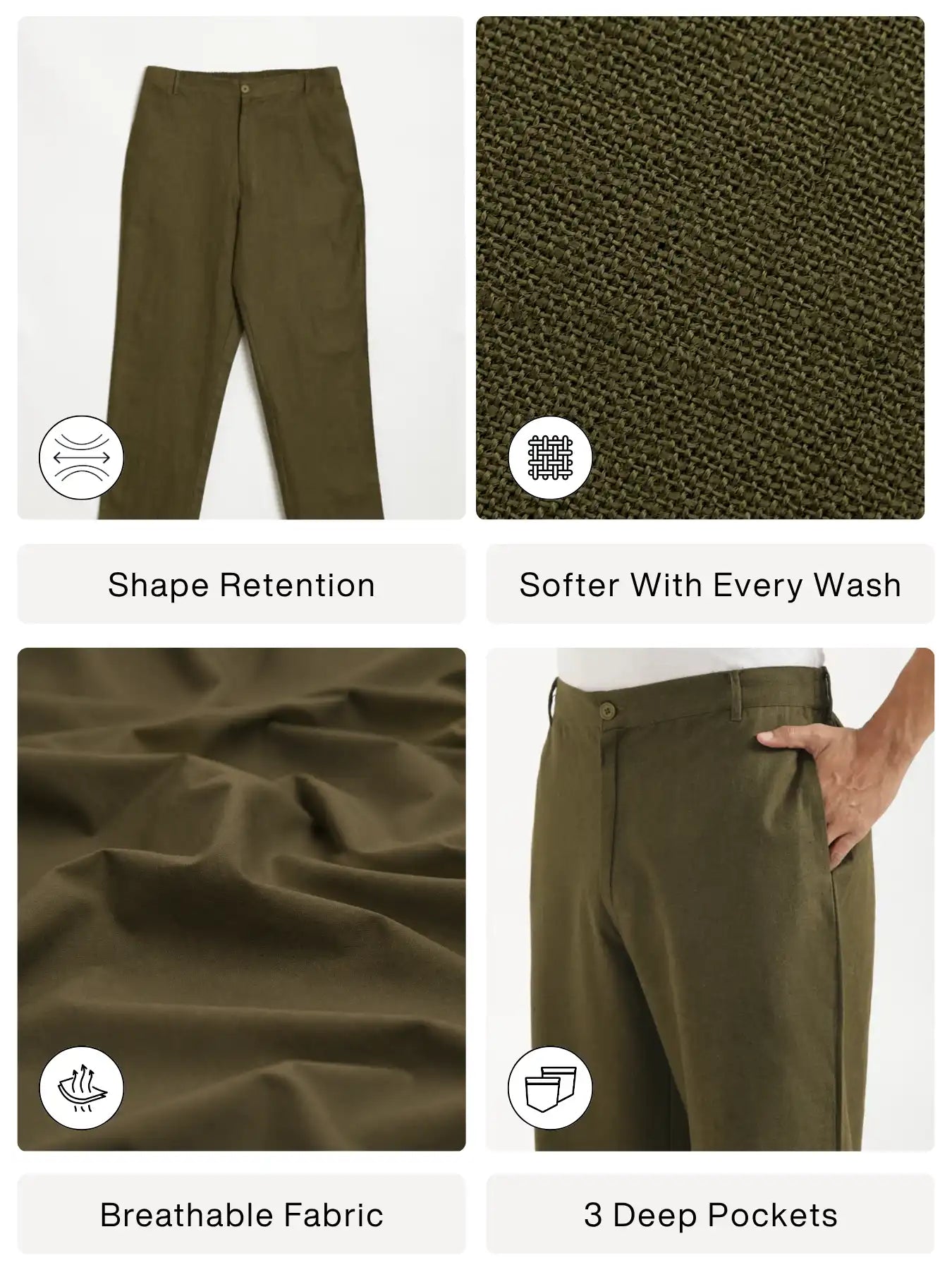 Men Olive Green Linen Blend Straight Pant