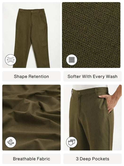 Men Olive Green Linen Blend Straight Pant