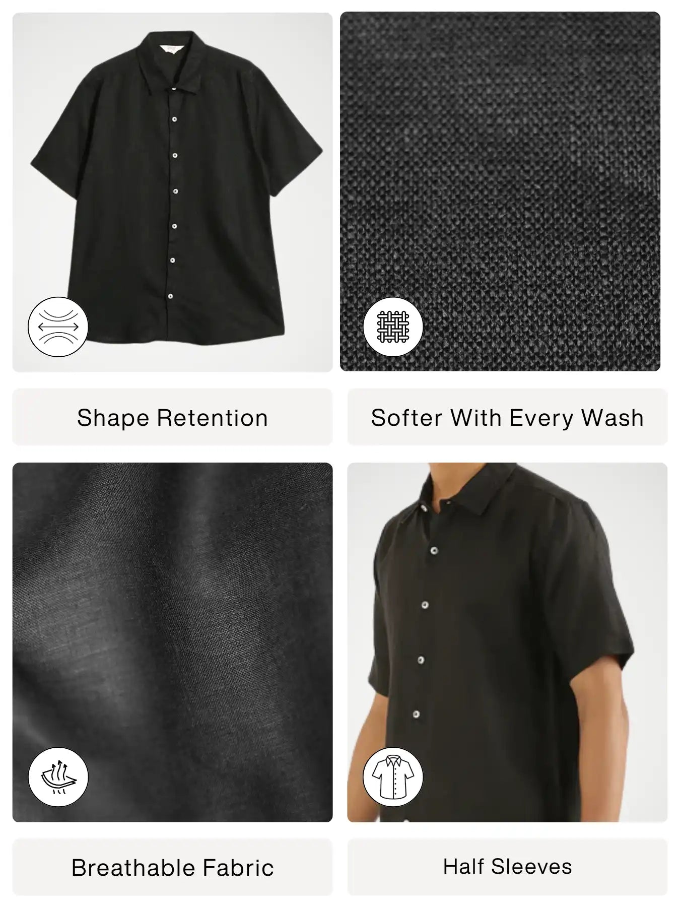Men Black Pure Linen Short Sleeve Shirt