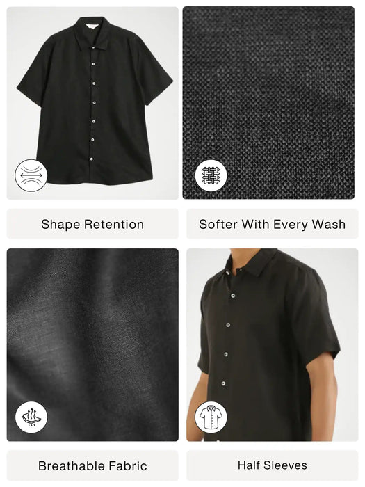 Men Black Pure Linen Short Sleeve Shirt