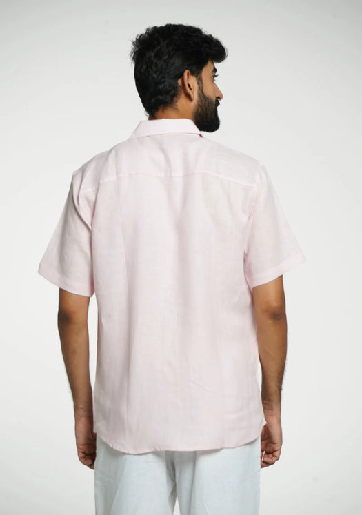 Men Blush Pink Pure Linen Short Sleeve Shirt