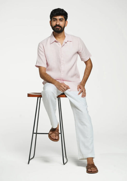 Men Blush Pink Pure Linen Short Sleeve Shirt