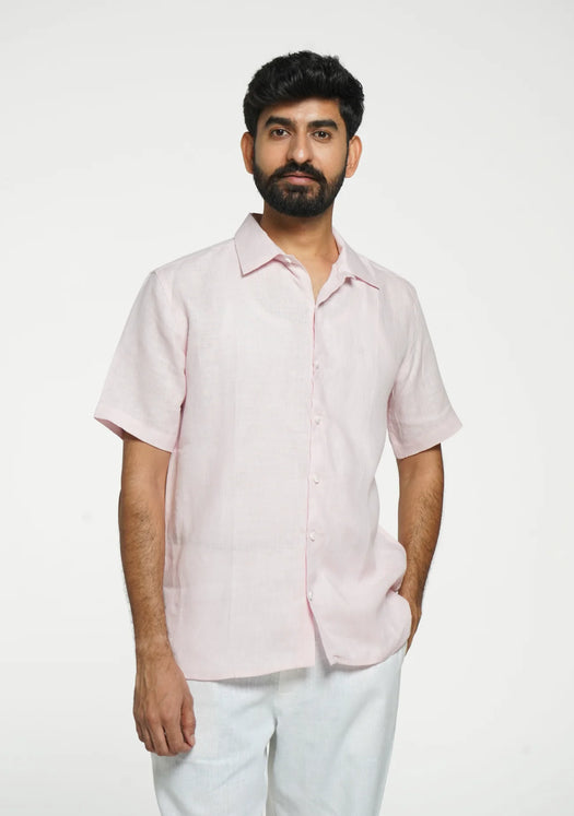 Men Blush Pink Pure Linen Short Sleeve Shirt