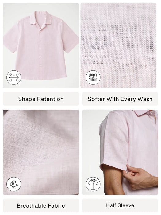 Men Blush Pink Pure Linen Short Sleeve Shirt