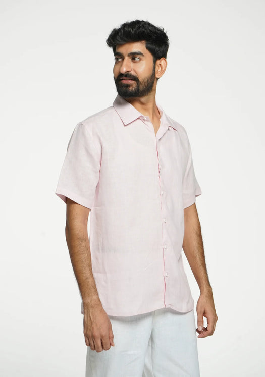 Men Blush Pink Pure Linen Short Sleeve Shirt