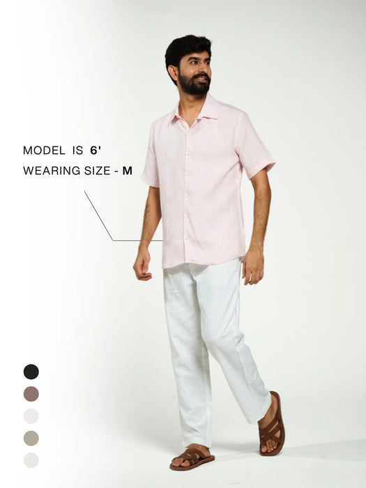 Men Blush Pink Pure Linen Short Sleeve Shirt