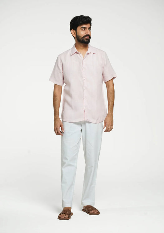 Men Blush Pink Pure Linen Short Sleeve Shirt