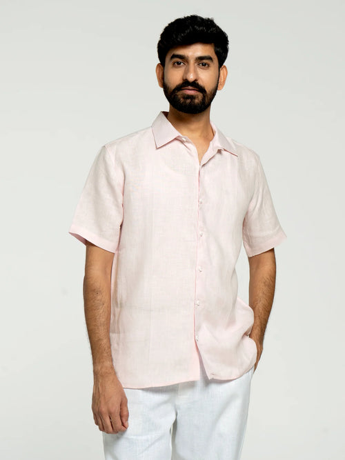 Men Blush Pink Pure Linen Short Sleeve Shirt