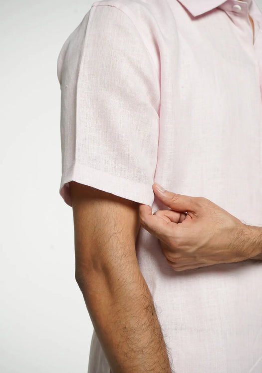 Men Blush Pink Pure Linen Short Sleeve Shirt