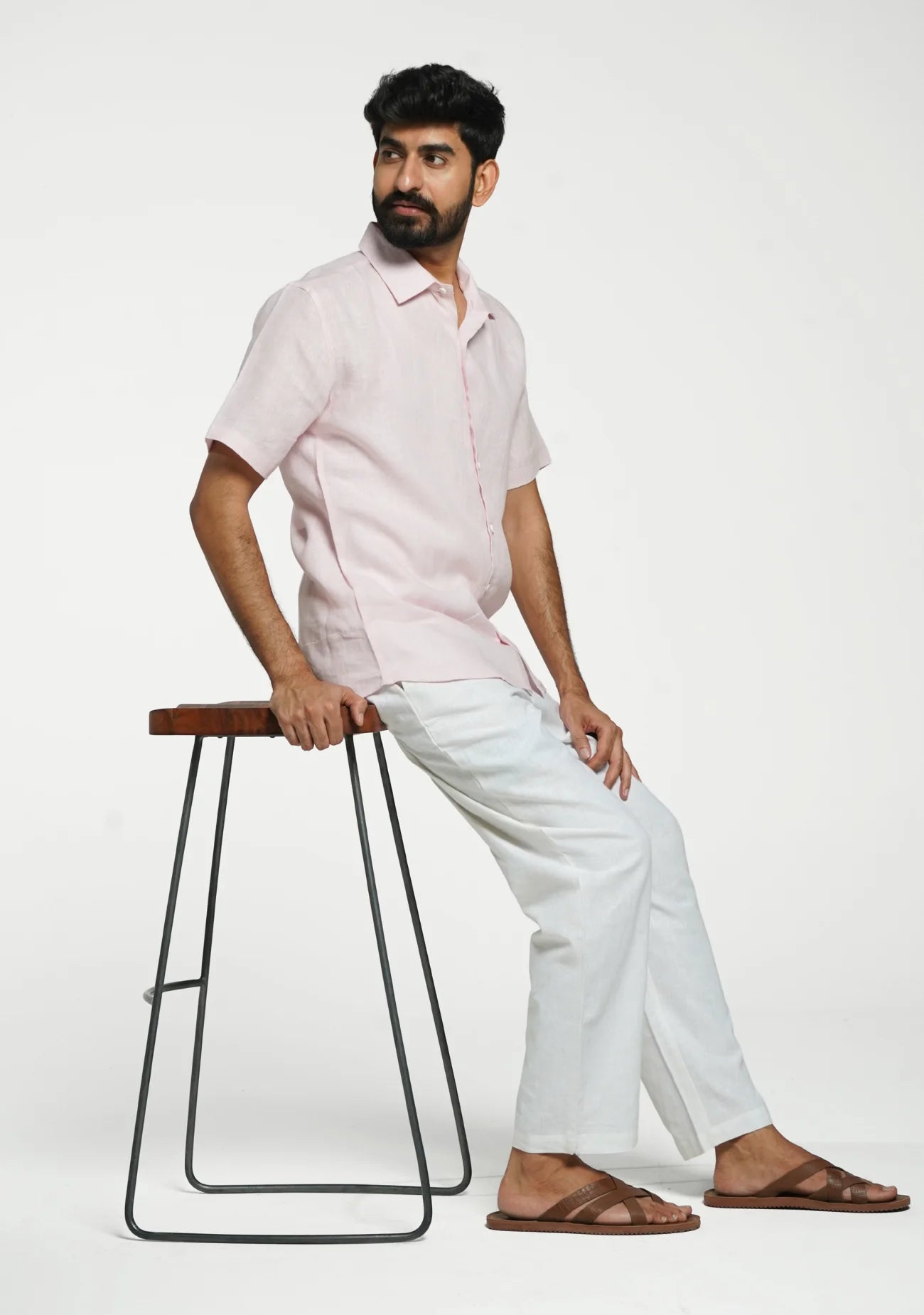 Men Blush Pink Pure Linen Short Sleeve Shirt