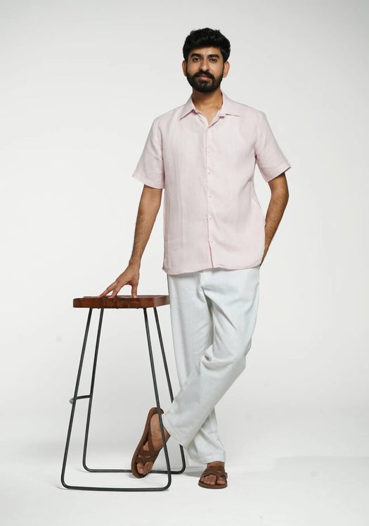 Men Blush Pink Pure Linen Short Sleeve Shirt