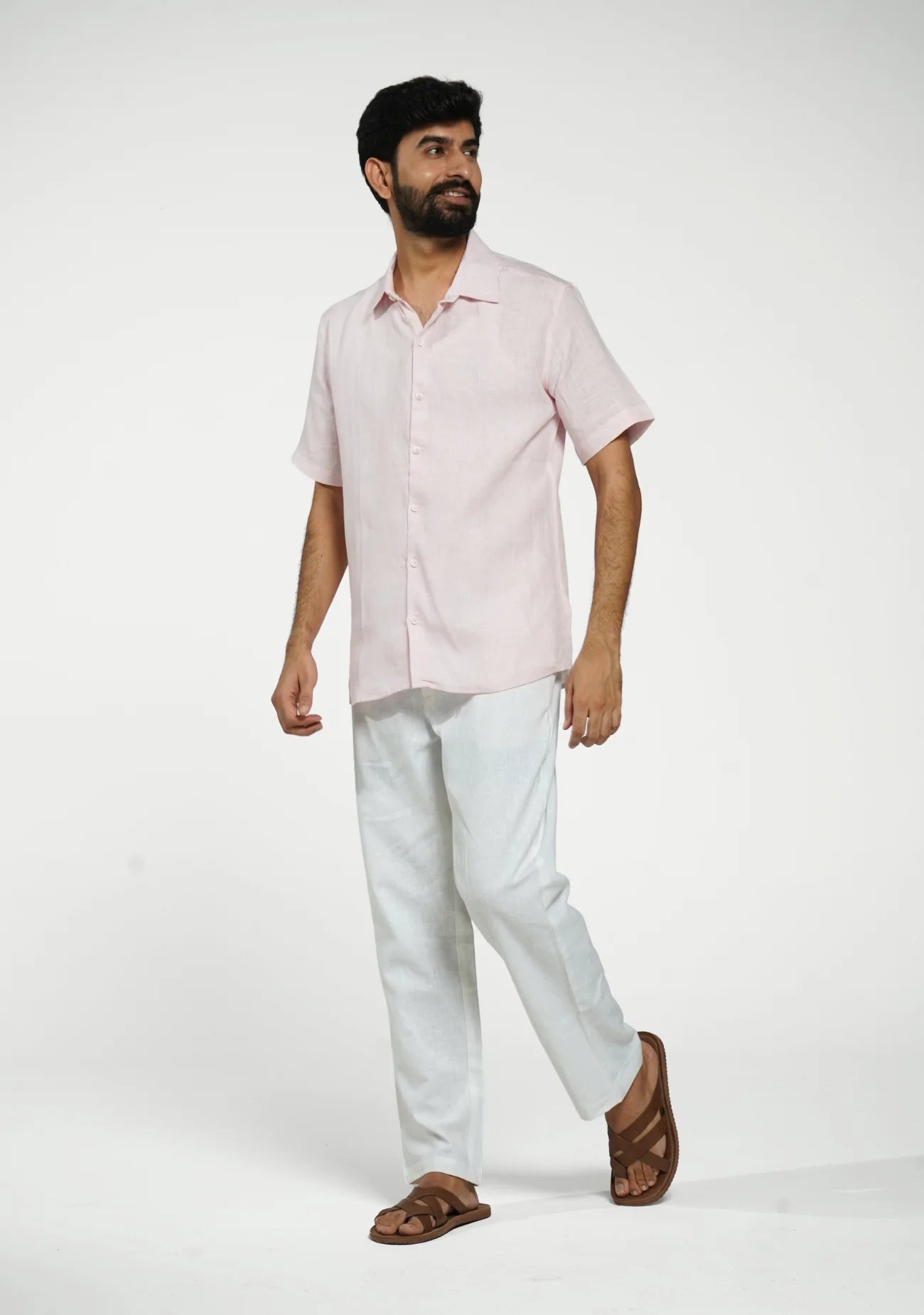 Men Blush Pink Pure Linen Short Sleeve Shirt