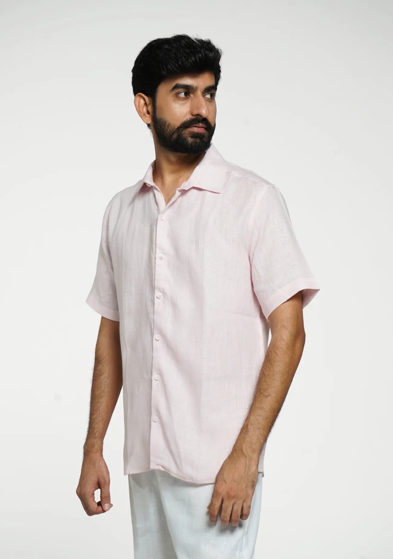 Men Blush Pink Pure Linen Short Sleeve Shirt
