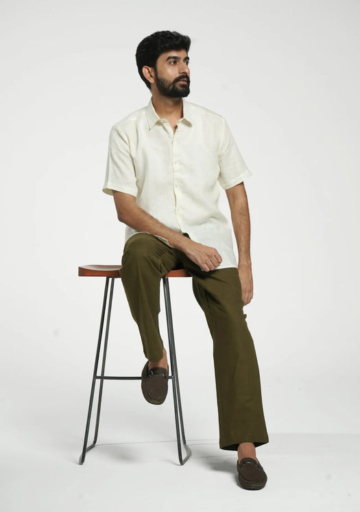 Men Cream Pure Linen Short Sleeve Shirt