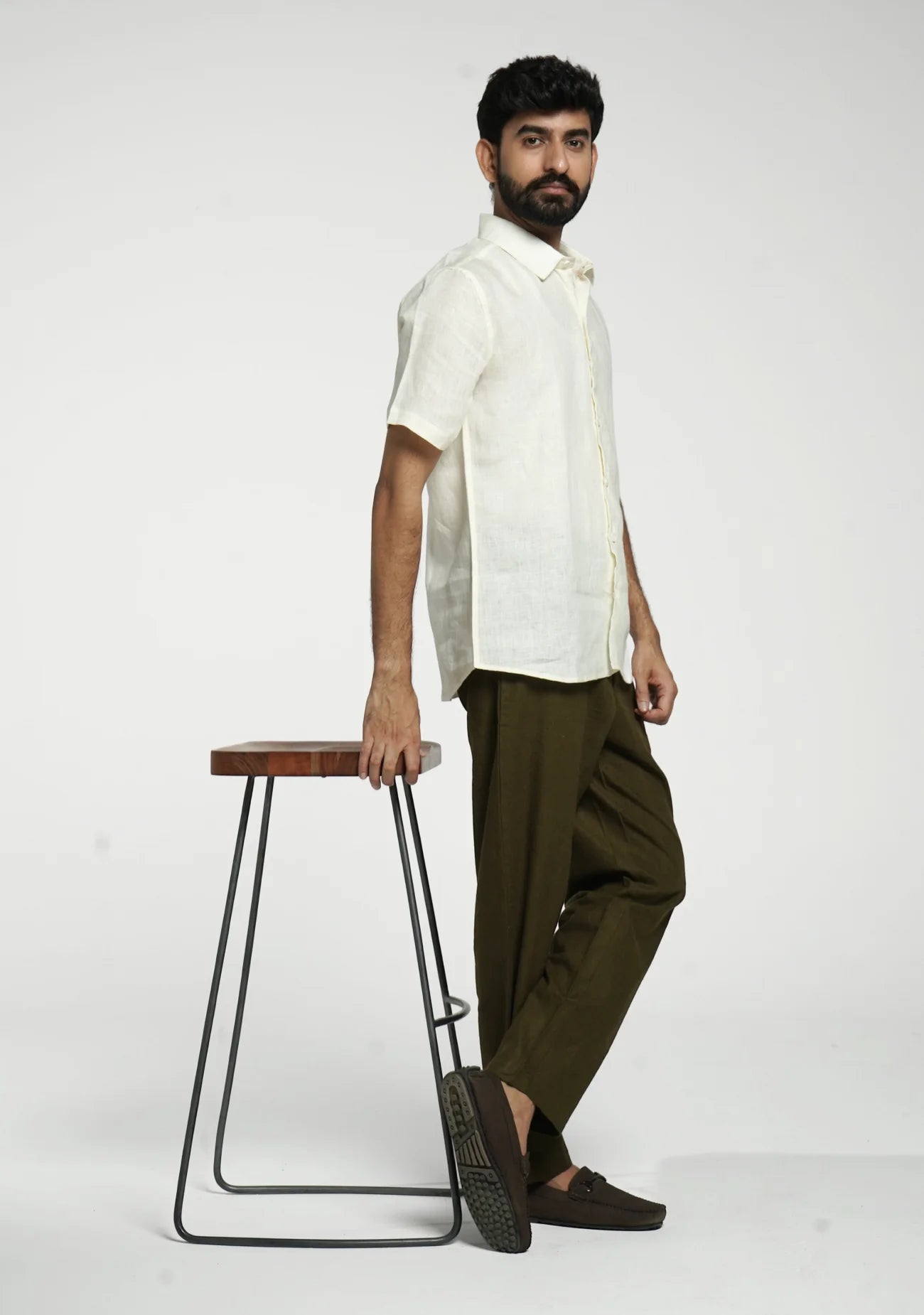 Men Cream Pure Linen Short Sleeve Shirt