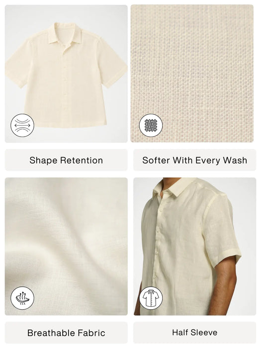 Men Cream Pure Linen Short Sleeve Shirt