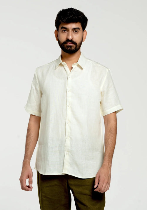 Men Cream Pure Linen Short Sleeve Shirt