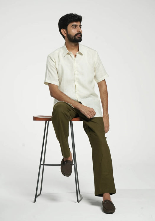 Men Cream Pure Linen Short Sleeve Shirt