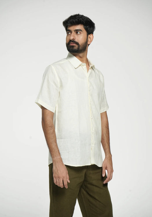 Men Cream Pure Linen Short Sleeve Shirt