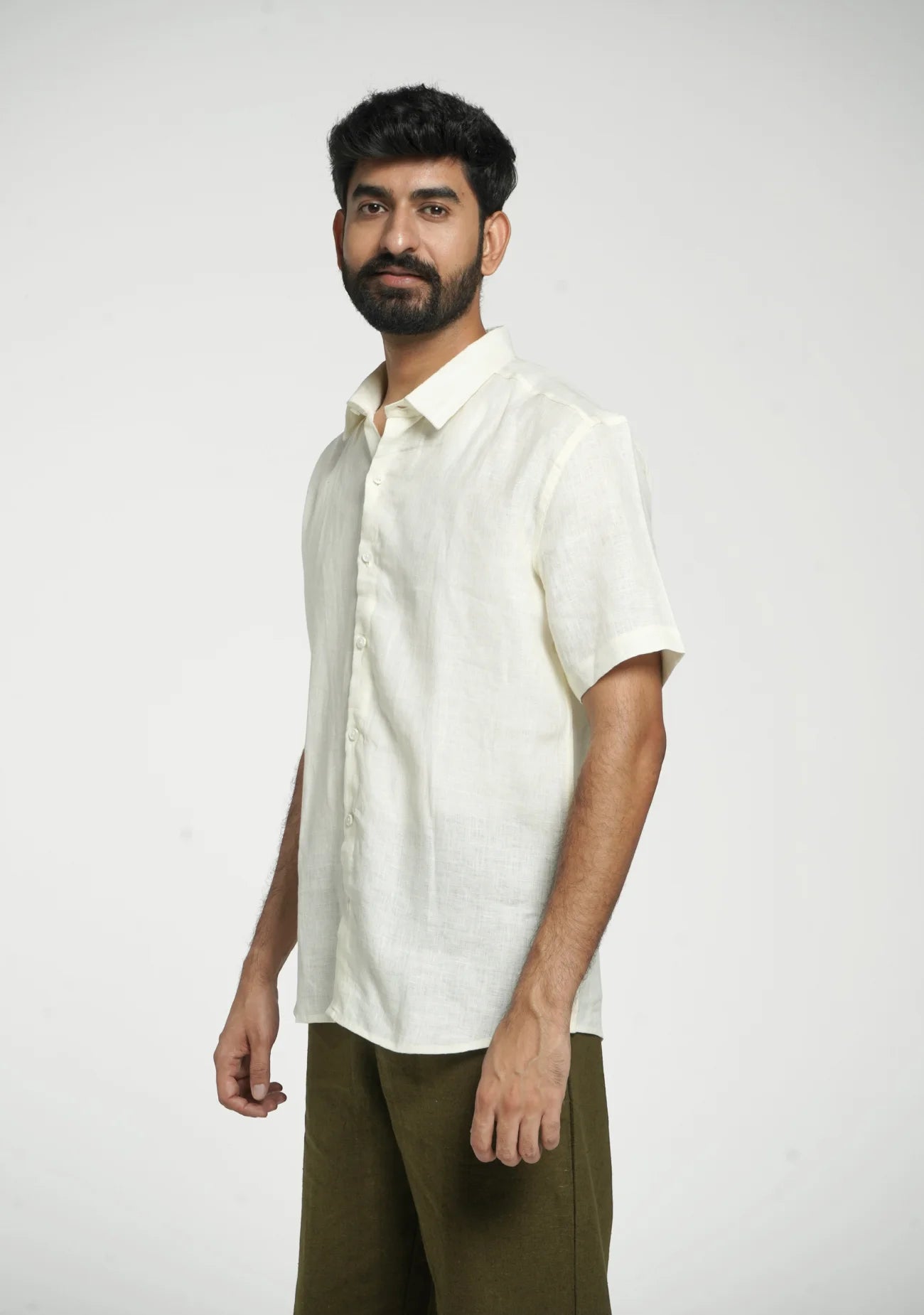 Men Cream Pure Linen Short Sleeve Shirt