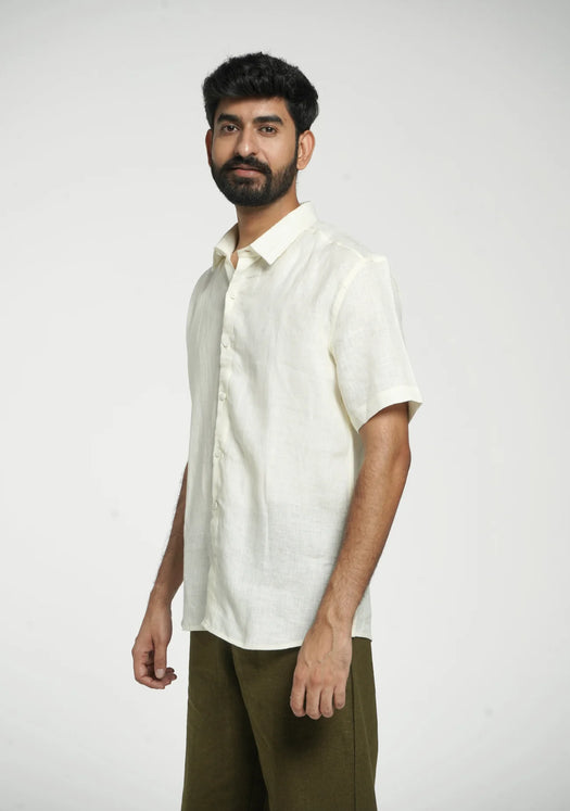Men Cream Pure Linen Short Sleeve Shirt