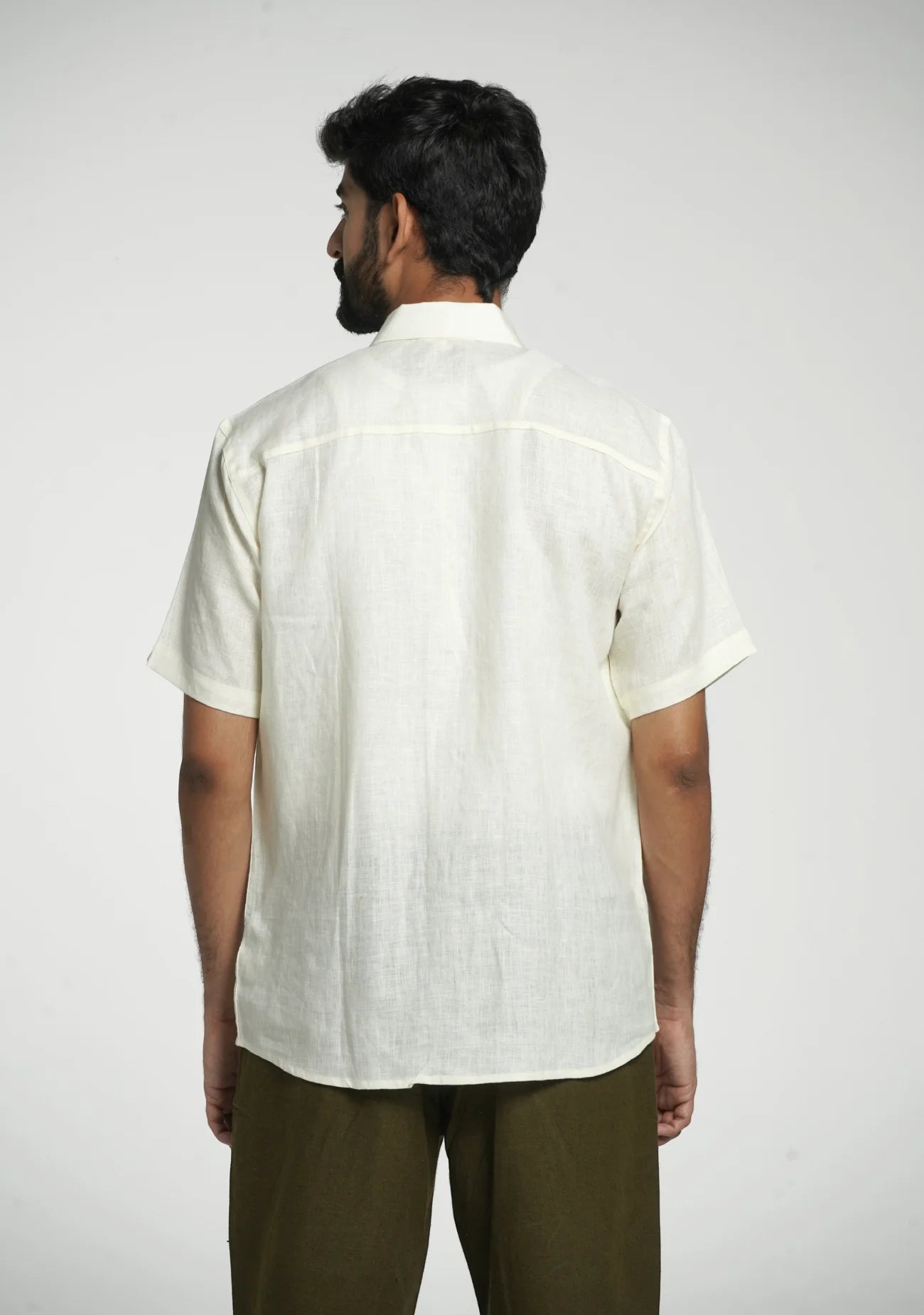 Men Cream Pure Linen Short Sleeve Shirt