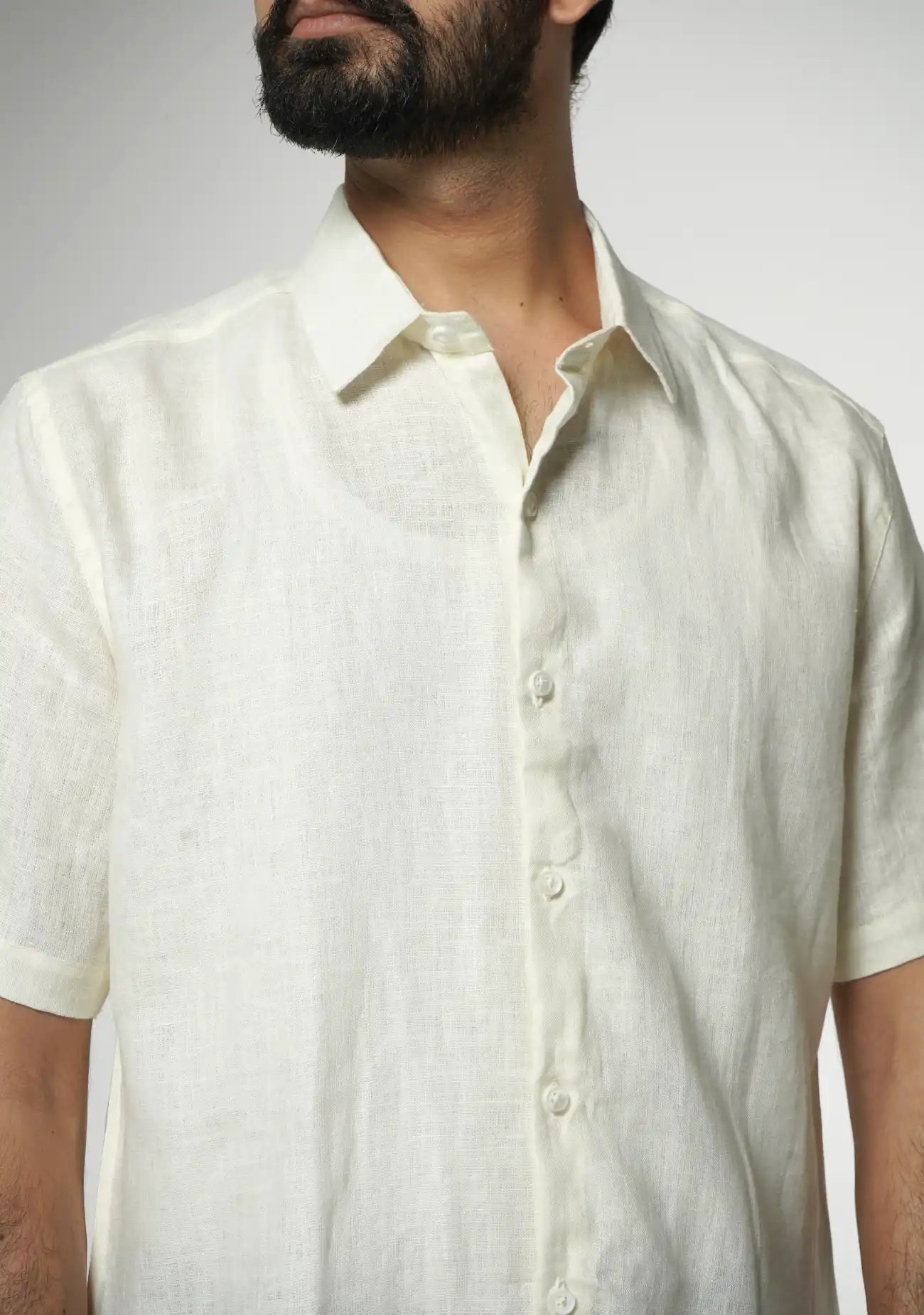 Men Cream Pure Linen Short Sleeve Shirt