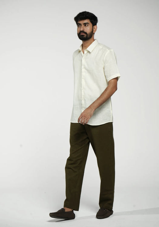 Men Cream Pure Linen Short Sleeve Shirt