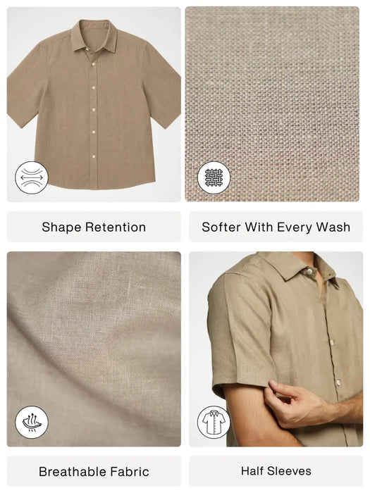 Men Khakhi Pure Linen Short Sleeve Shirt