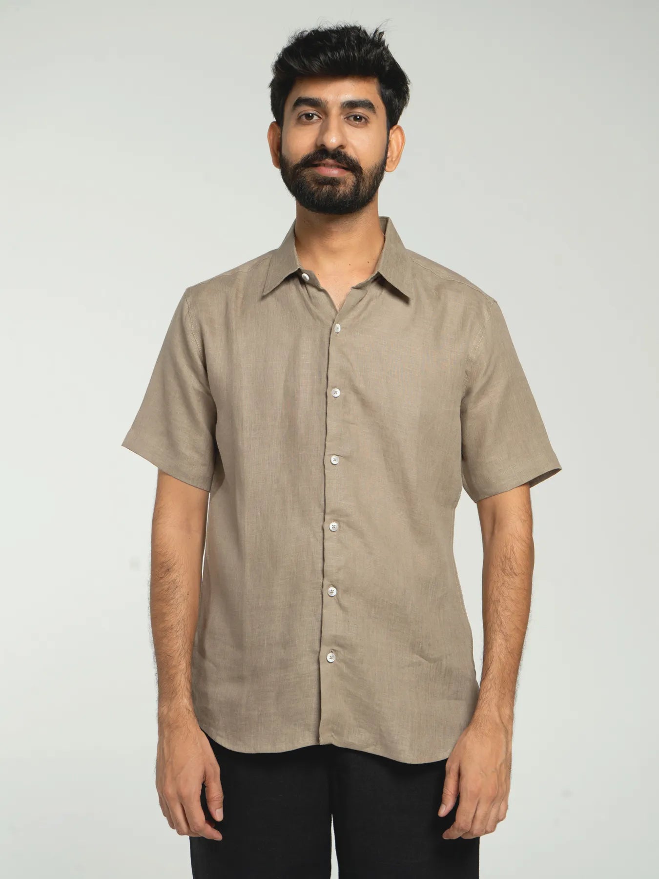 Men Khakhi Pure Linen Short Sleeve Shirt