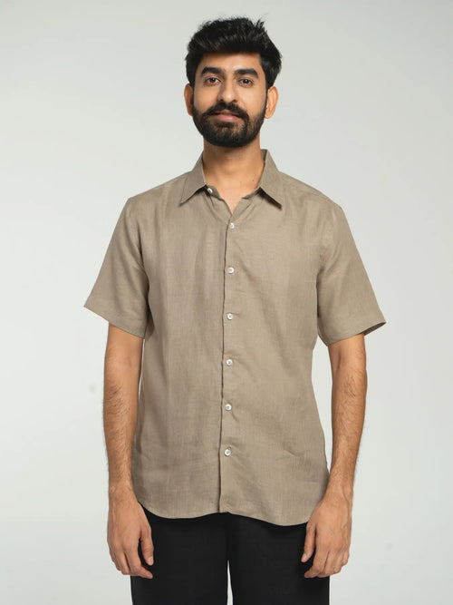 Men Khakhi Pure Linen Short Sleeve Shirt