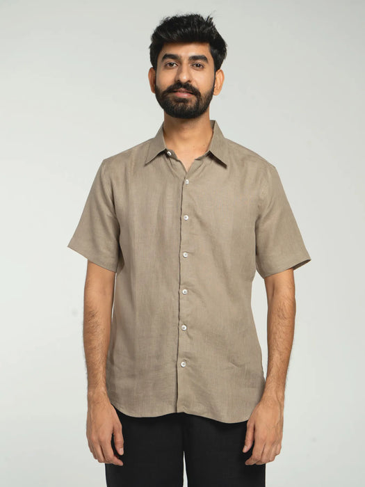 Men Khakhi Pure Linen Short Sleeve Shirt
