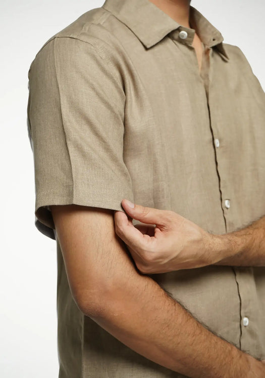 Men Khakhi Pure Linen Short Sleeve Shirt