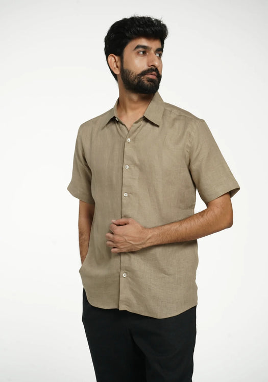 Men Khakhi Pure Linen Short Sleeve Shirt