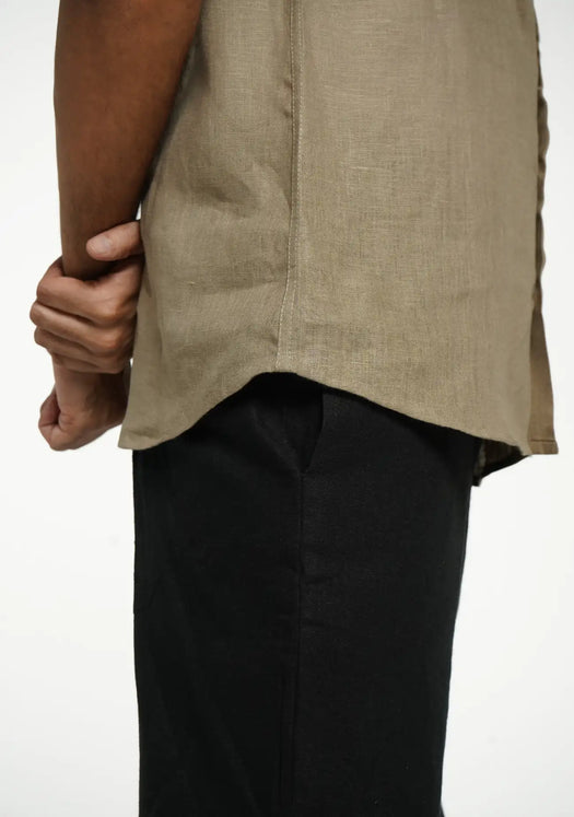 Men Khakhi Pure Linen Short Sleeve Shirt