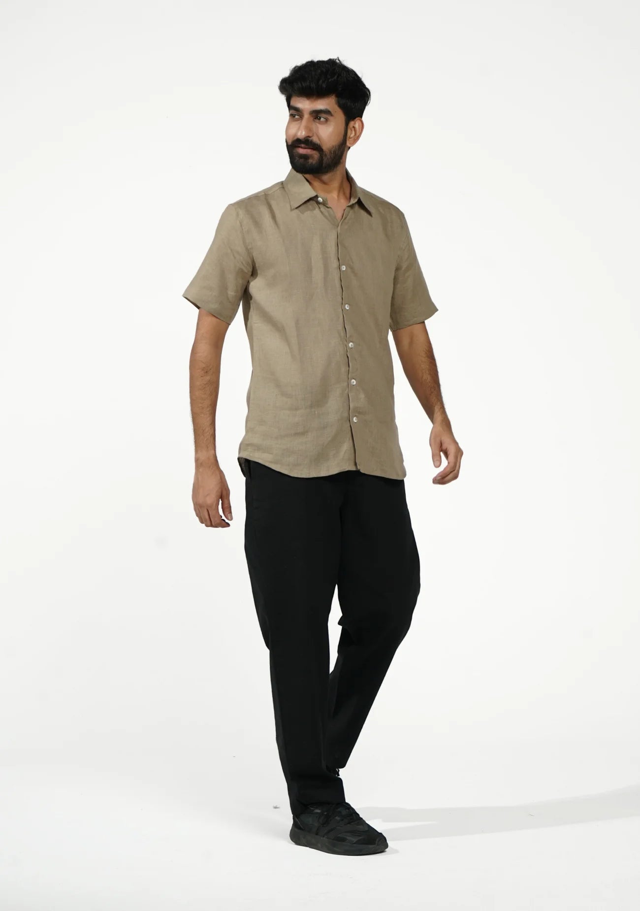 Men Khakhi Pure Linen Short Sleeve Shirt