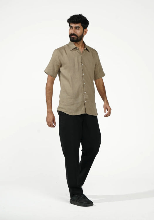 Men Khakhi Pure Linen Short Sleeve Shirt