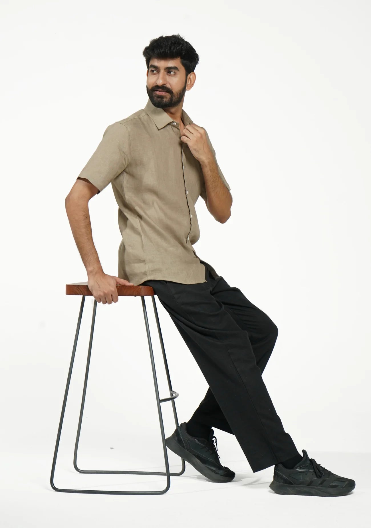 Men Khakhi Pure Linen Short Sleeve Shirt