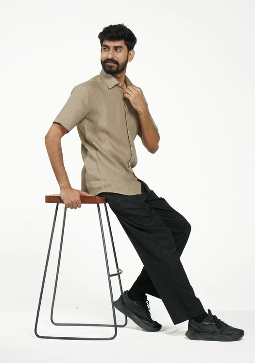 Men Khakhi Pure Linen Short Sleeve Shirt