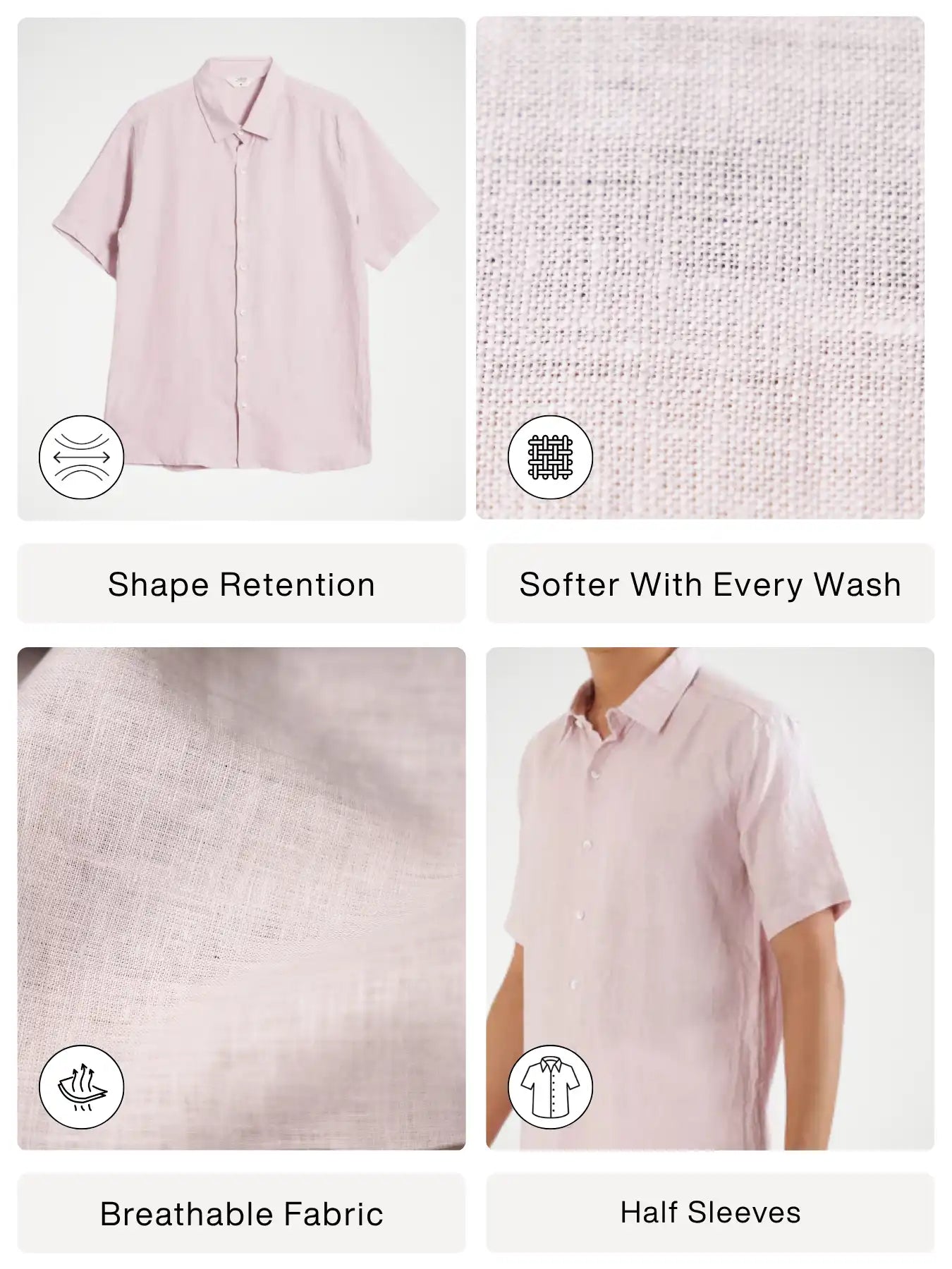 Men Light Pink Pure Linen Short Sleeve Shirt