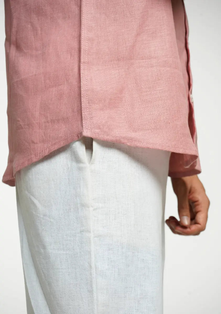 Men Rose Taupe Pure Linen Short Sleeve Shirt