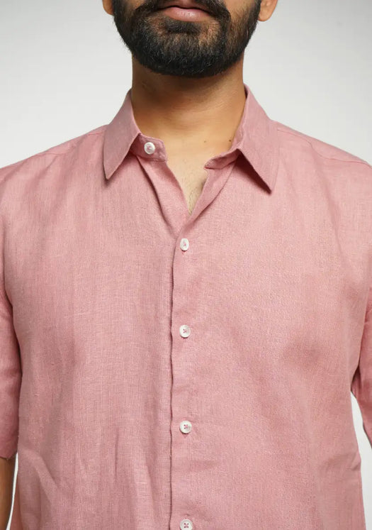 Men Rose Taupe Pure Linen Short Sleeve Shirt